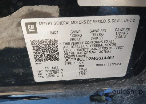 2021 GMC Sierra 1500 2Wd Short Box Elevation from USA, damaged, VIN 3GTP8CED2MG314464